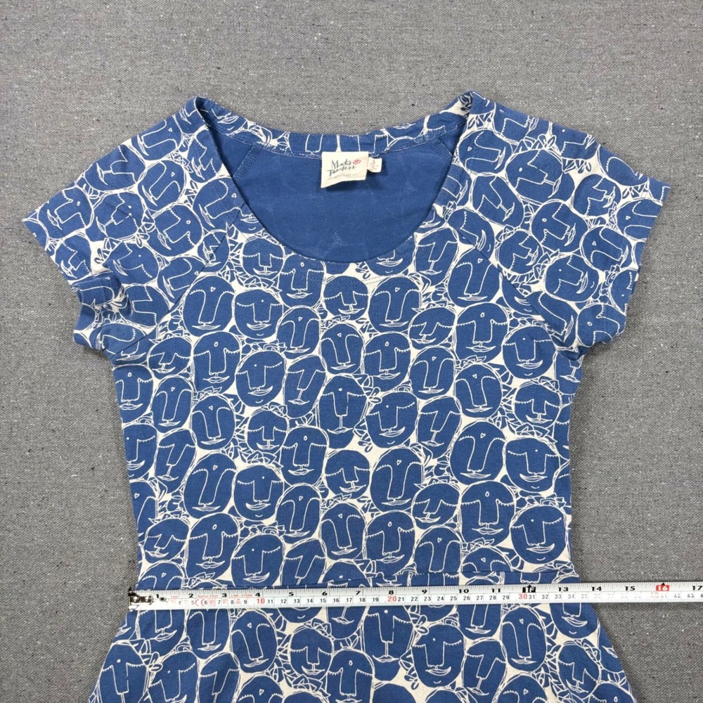 Mata Traders Fit Flare Dress Women Small Blue Abstract Face Organic Cotton Print - Picture 6 of 7